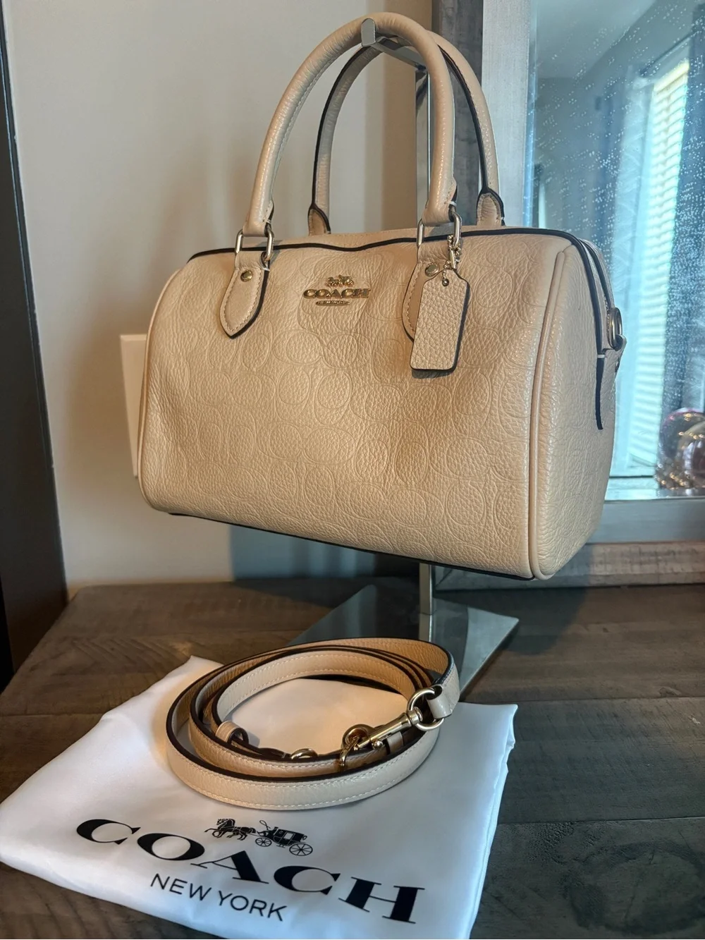 Coach Cream Pebbled Leather Satchel with Gold Chain & Pearl Accent